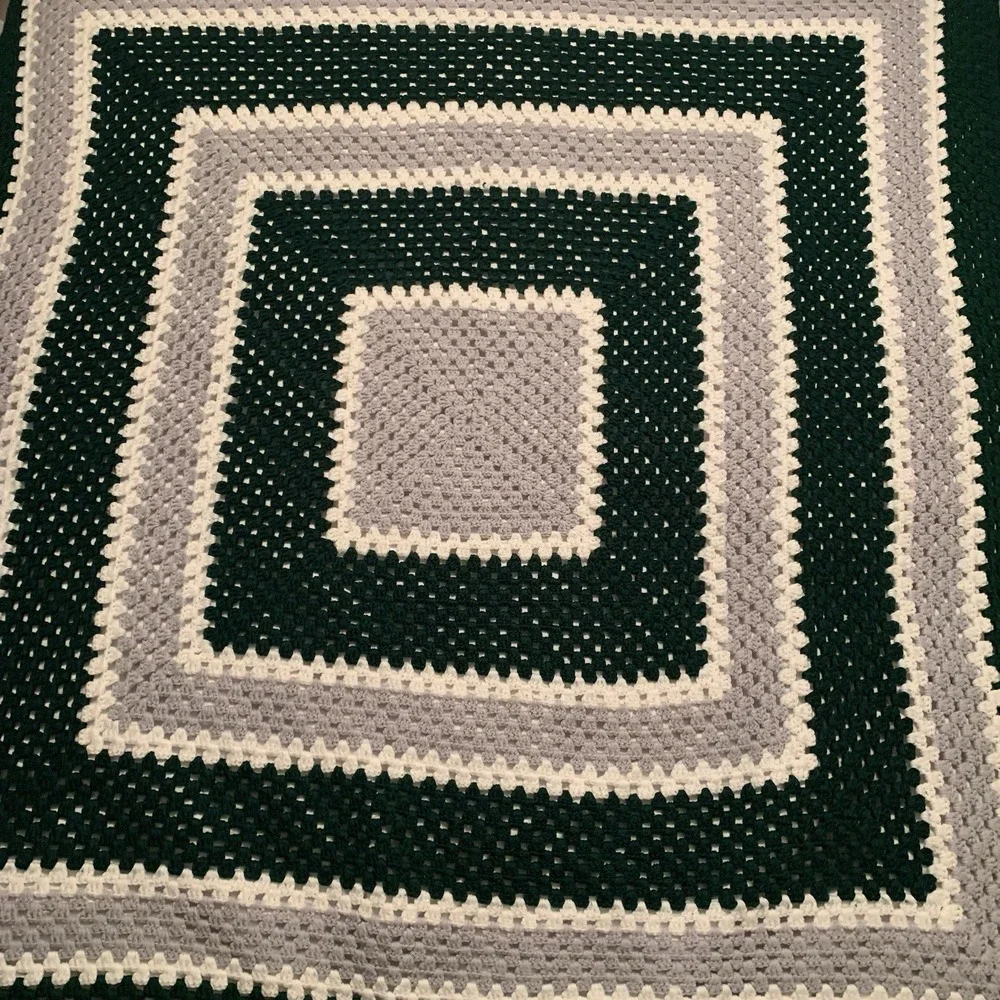 Vintage Handmade Crochet Afghan Blanket Green Gray White 65 X 65‎ Granny Square